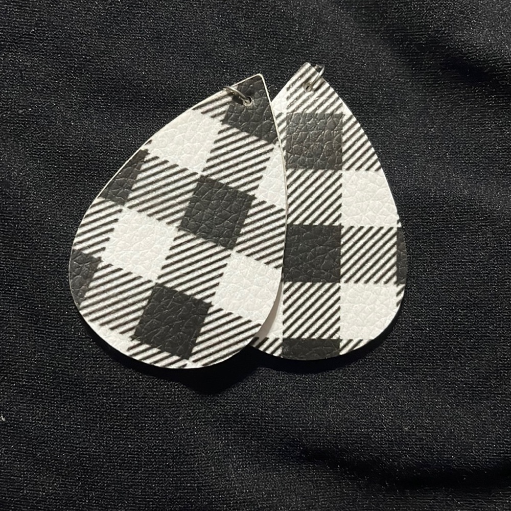 White plaid leather tear drop earrings